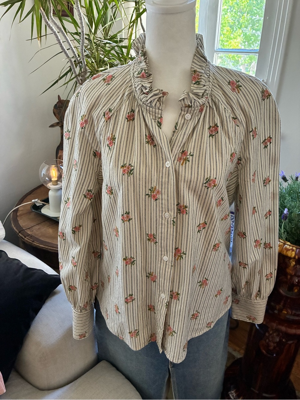 Sezane Classic button down cream with flower embroidery